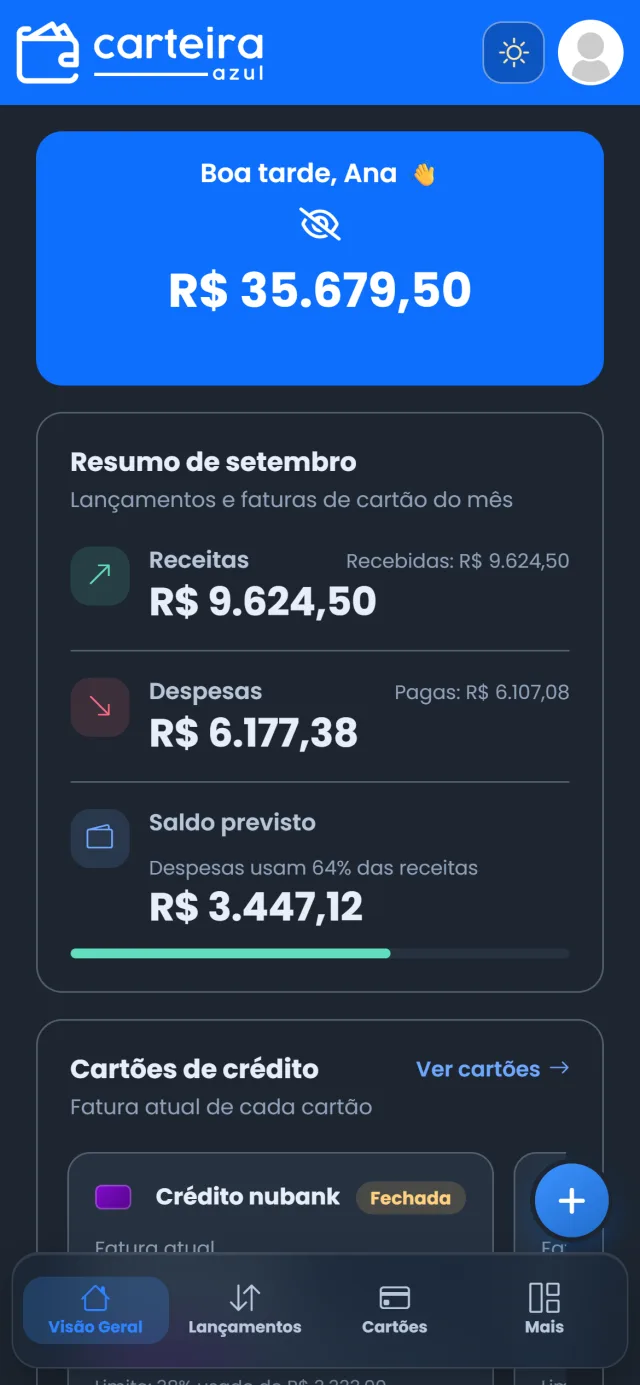 Tela de modo escuro do Carteira Azul no celular