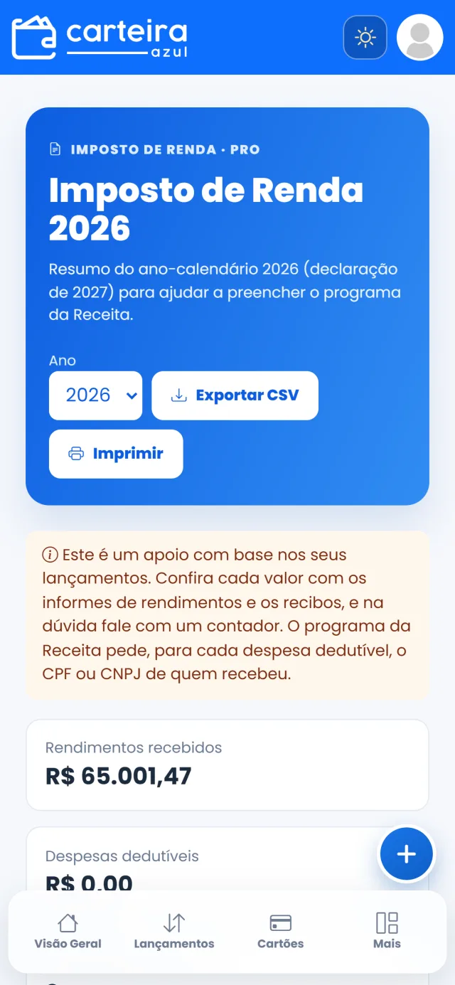 Tela de imposto de renda do Carteira Azul no celular
