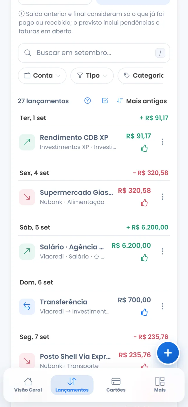Tela de lançamentos do Carteira Azul no celular