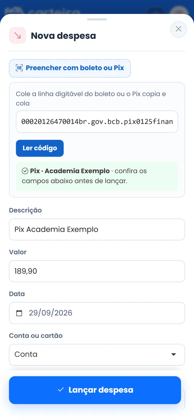 Tela de leitor de boleto e pix do Carteira Azul no celular