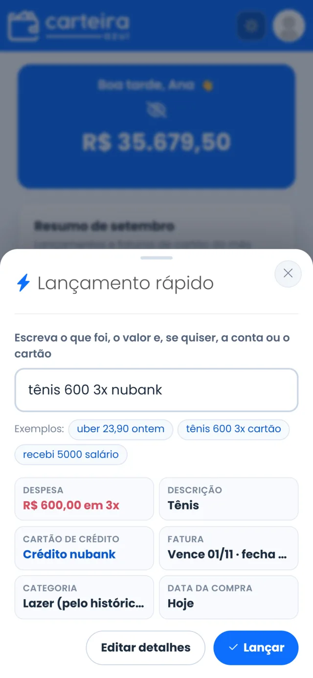 Tela de lançamento rápido do Carteira Azul no celular
